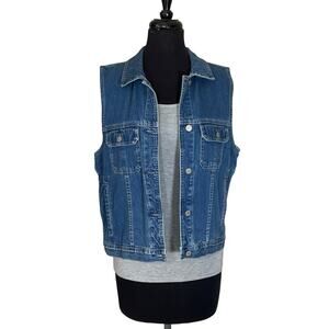 Eddie Bauer Denim Vest Size Large Button Front Trucker Style Medium Wash